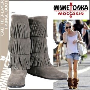 Minnetonka Gray Moccasin 3-Layer Fringe Boot Sz 8 high